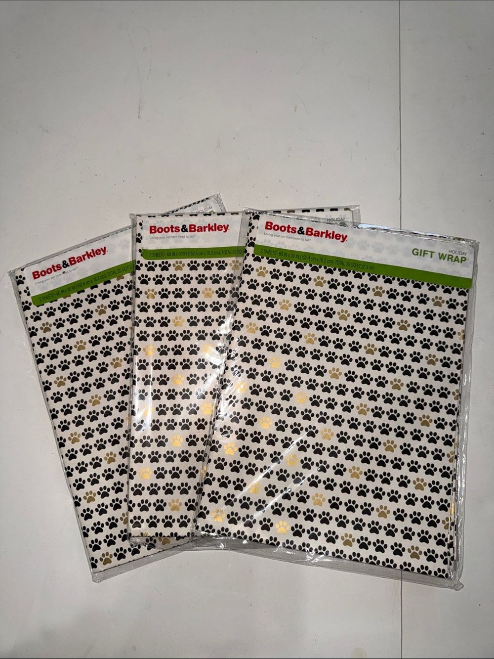 Boots & Barkley Black, Gold and White Paw Print Gift Wrap Sheets Set of 3